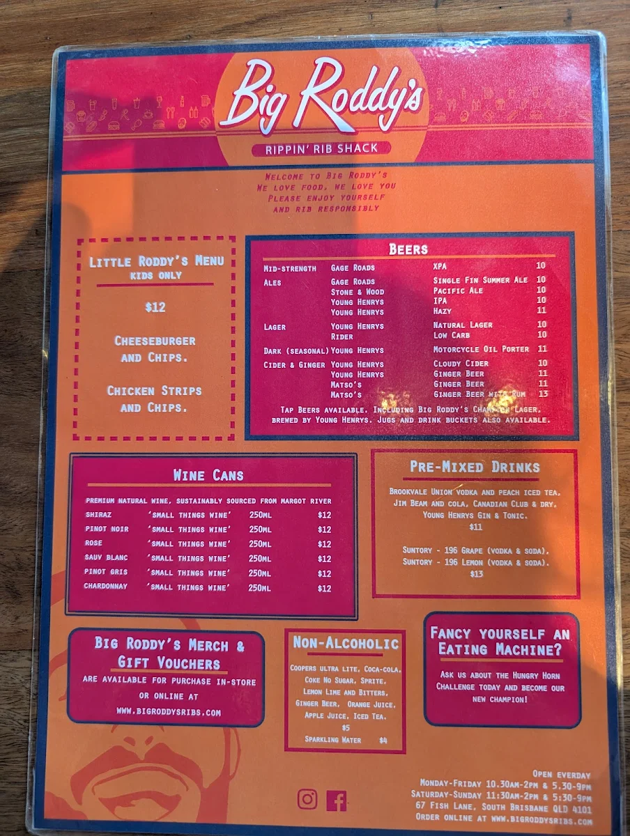 Menu, Big Roddy's Rippin' Rib Shack - South Brisbane
