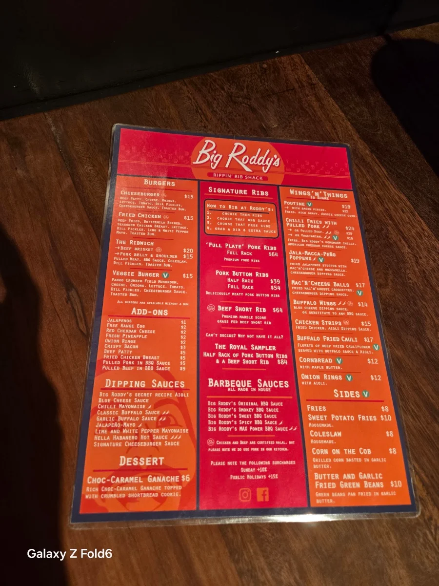 Menu, Big Roddy's Rippin' Rib Shack - South Brisbane