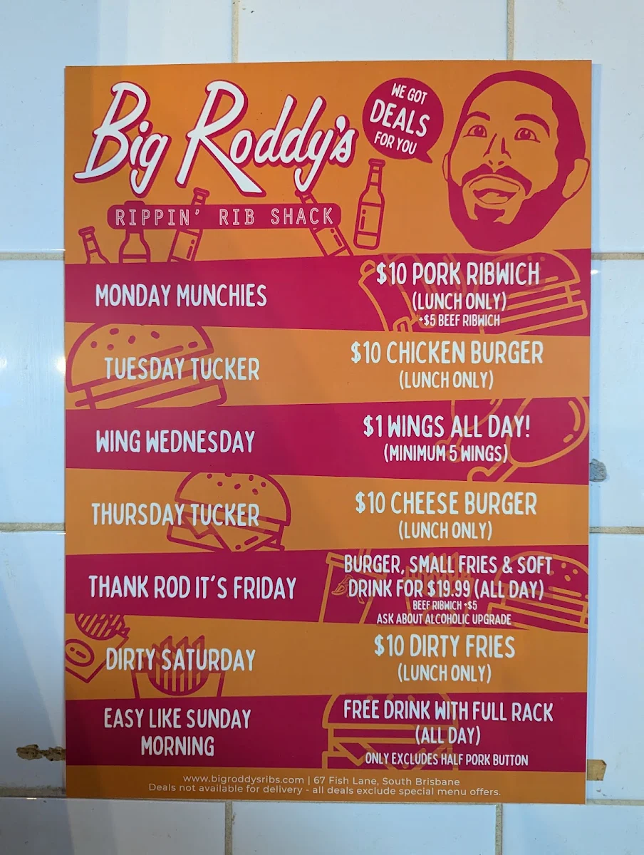 Menu, Big Roddy's Rippin' Rib Shack - South Brisbane