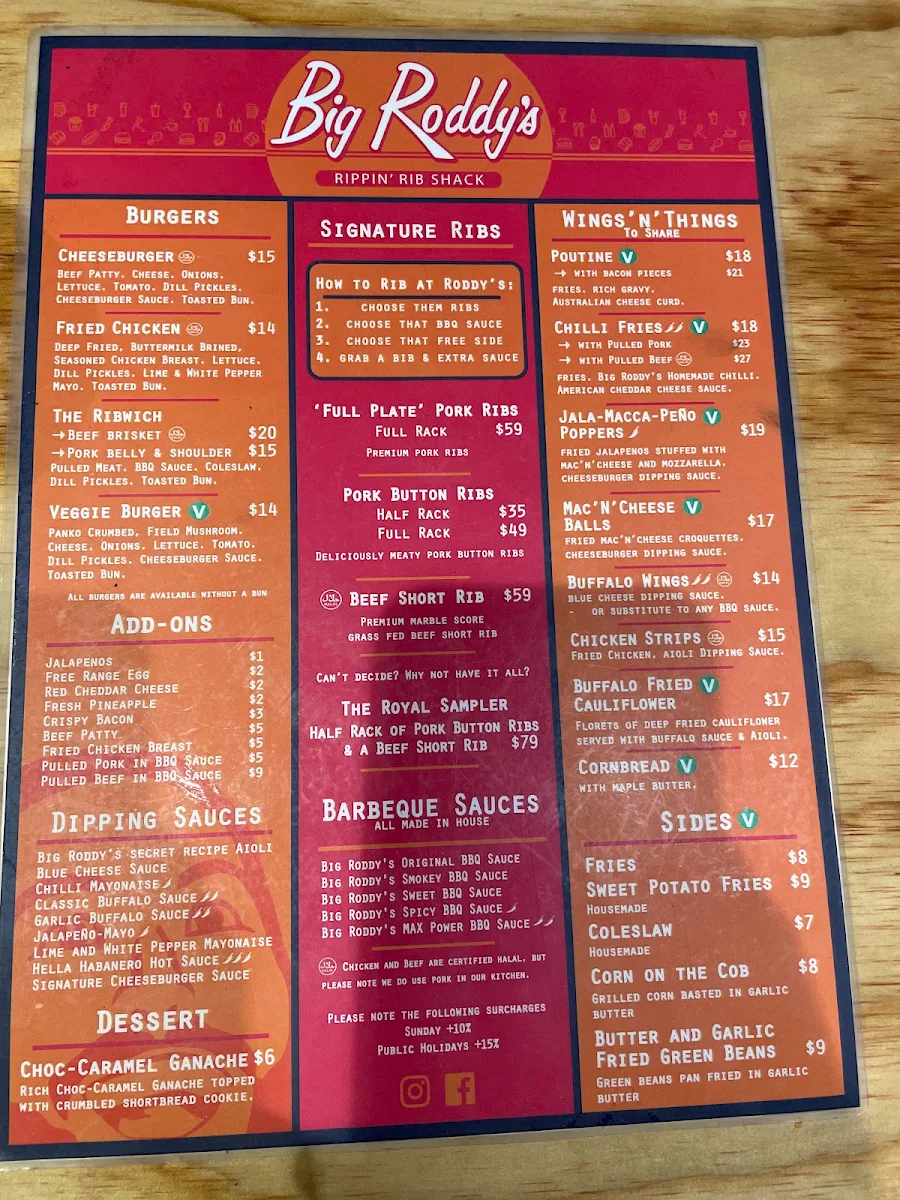 Menu, Big Roddy's Rippin' Rib Shack - South Brisbane