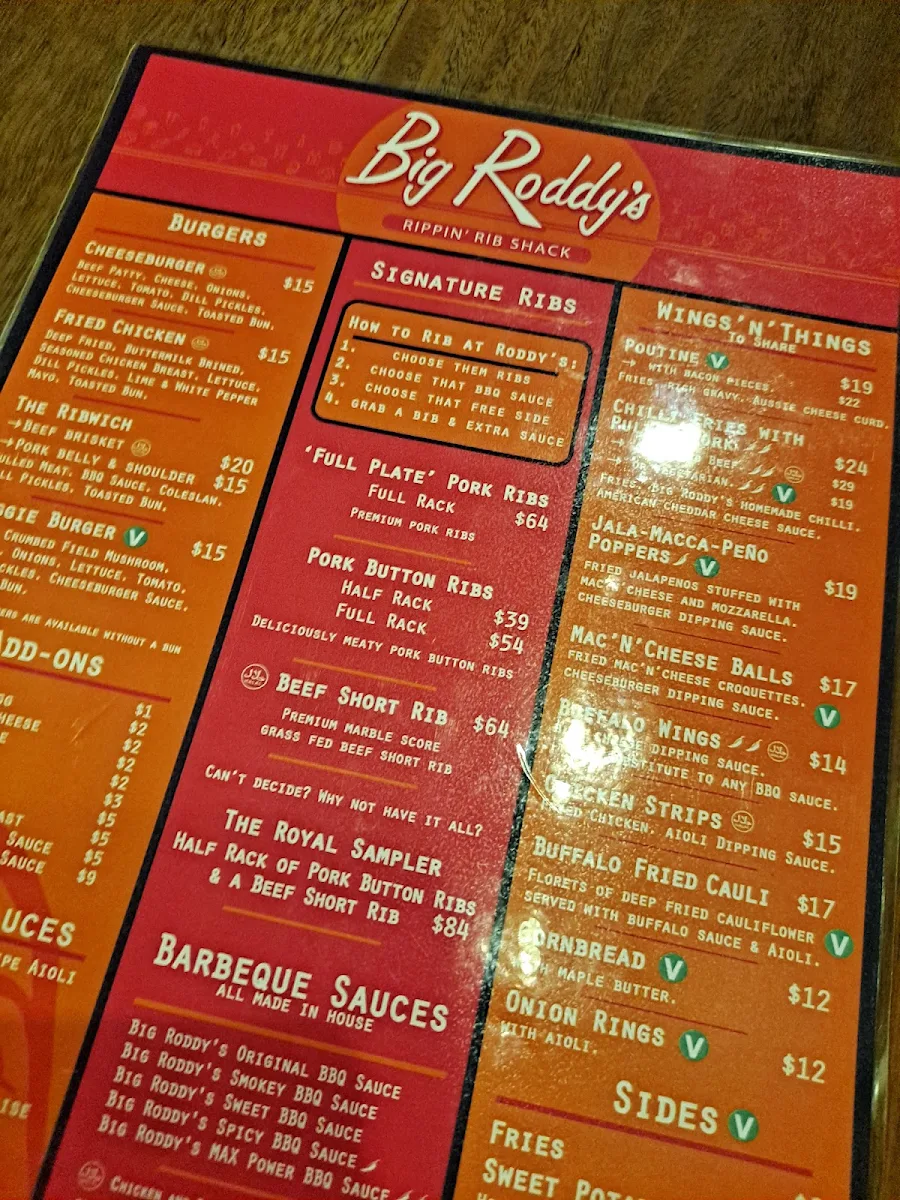 Menu, Big Roddy's Rippin' Rib Shack - South Brisbane