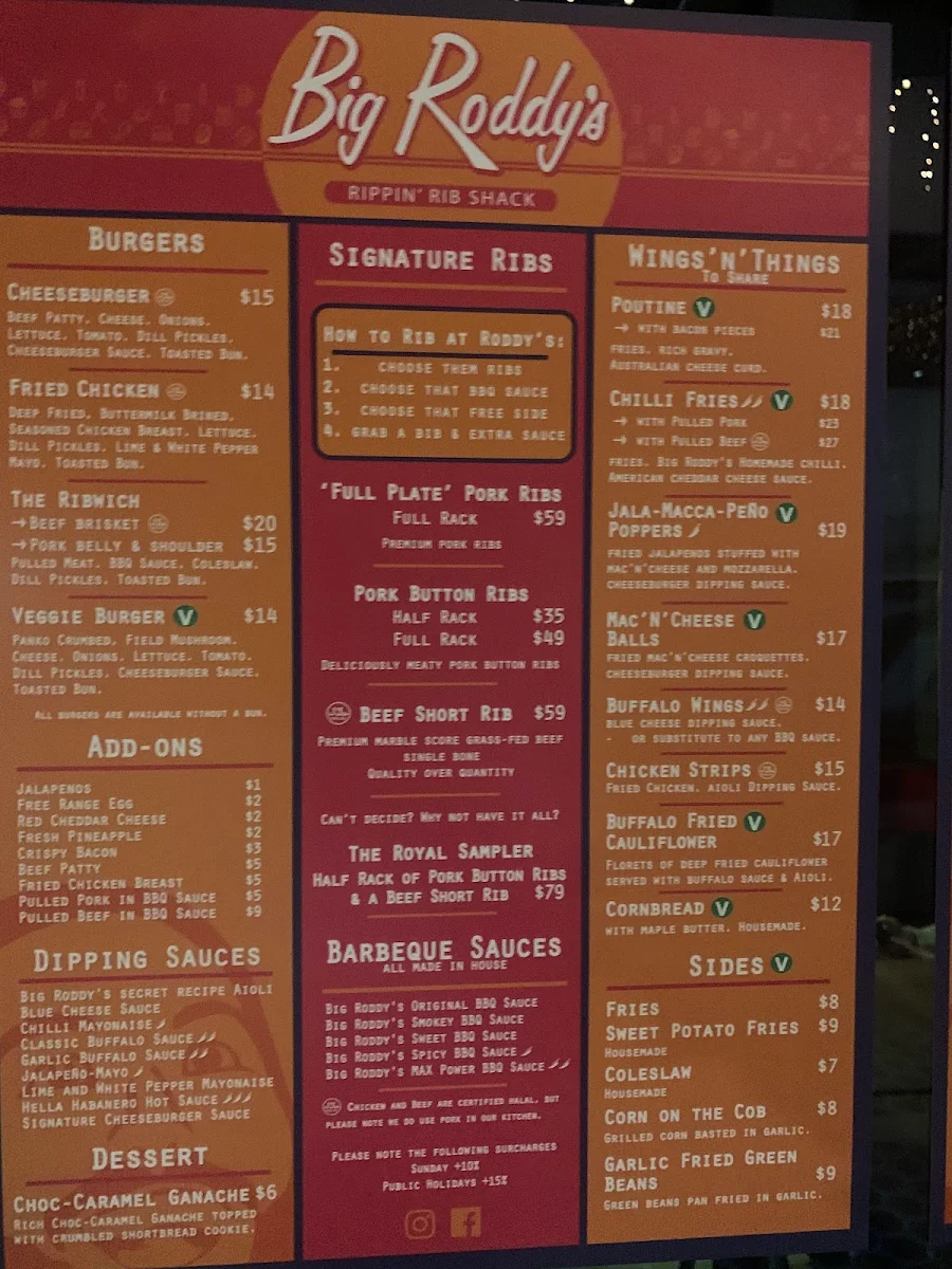 Menu, Big Roddy's Rippin' Rib Shack - South Brisbane