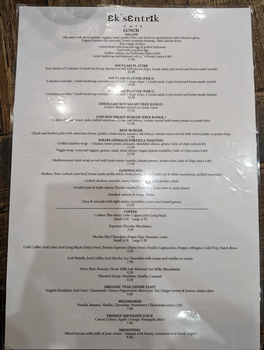 Menu, Ek'sentrik Cafe Maroubra