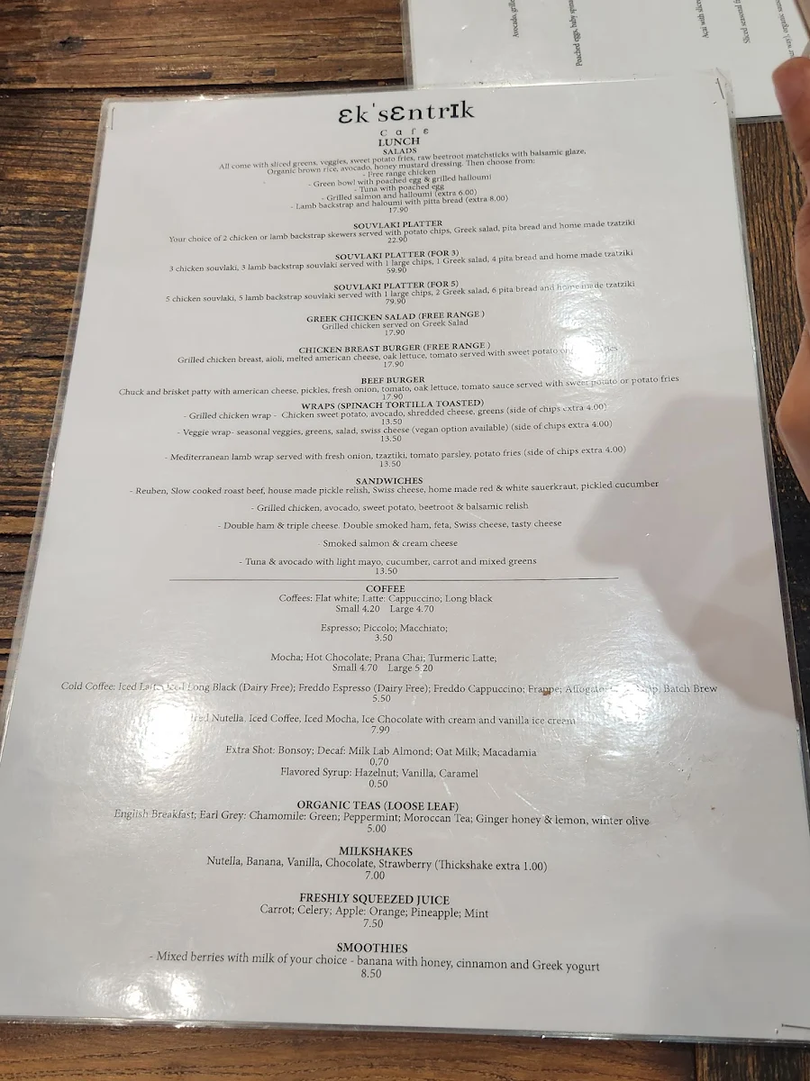 Menu, Ek'sentrik Cafe Maroubra
