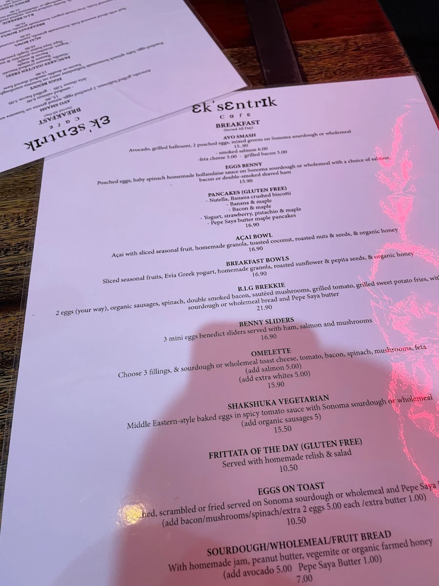 Menu, Ek'sentrik Cafe Maroubra