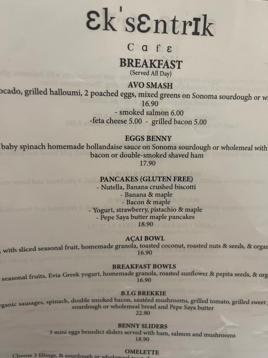Menu, Ek'sentrik Cafe Maroubra