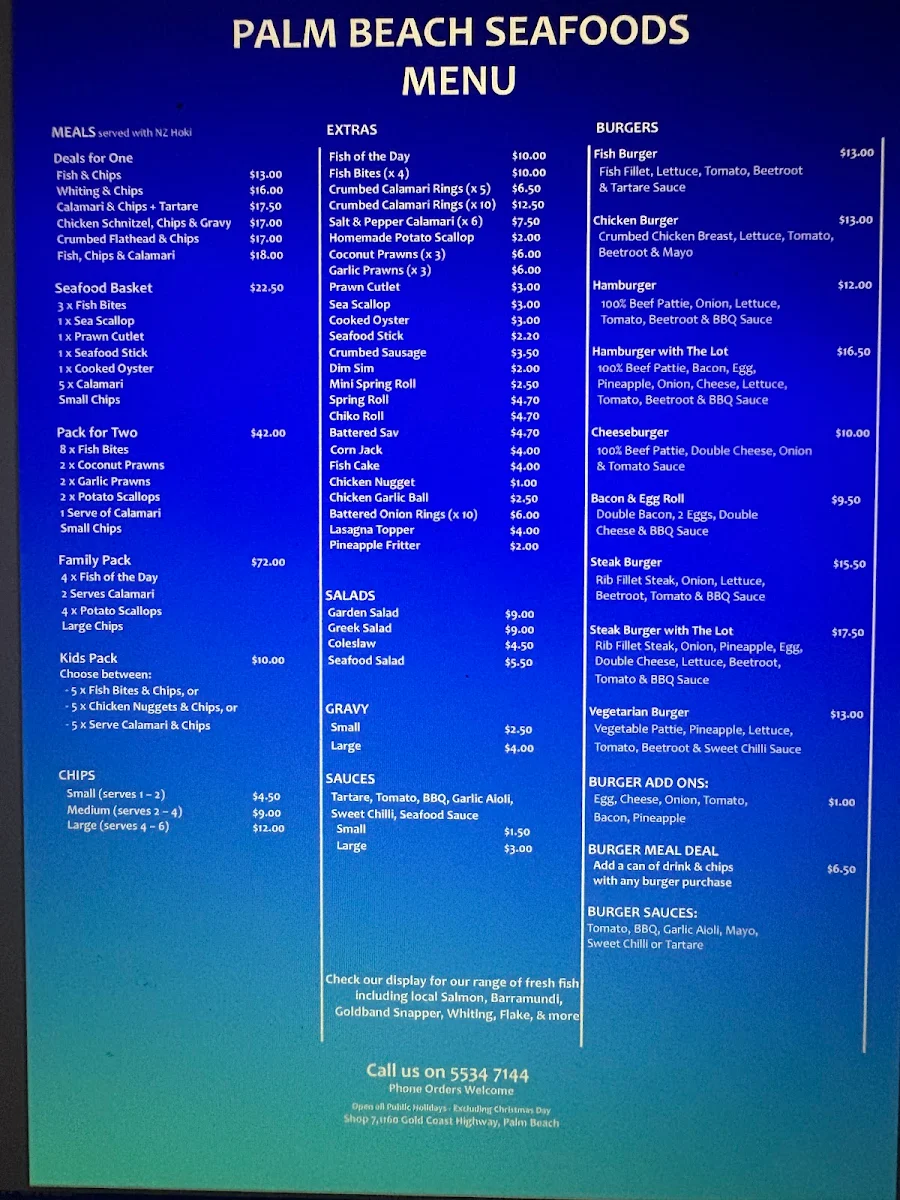 Menu, Palm Beach Seafoods (Established 2023)
