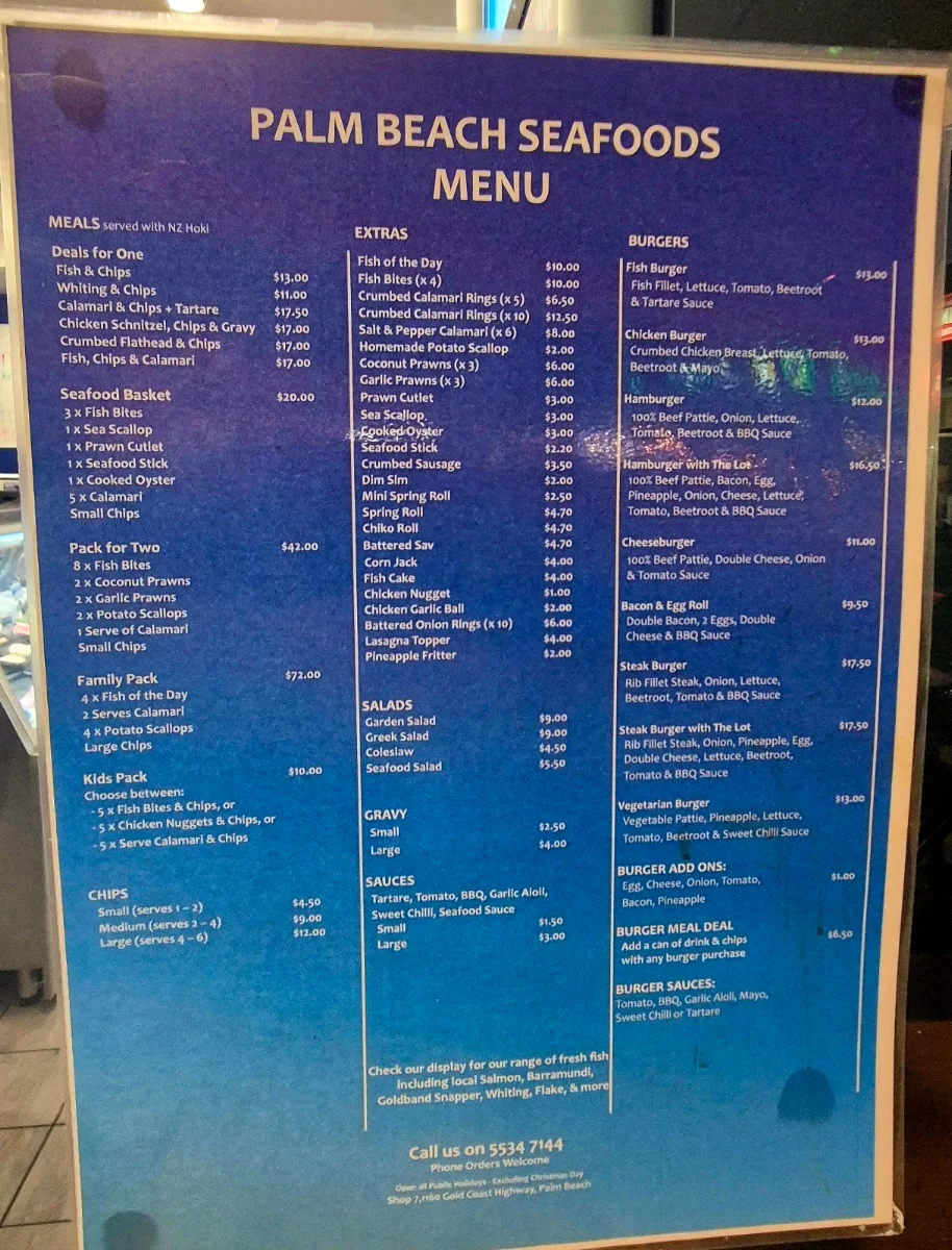 Menu, Palm Beach Seafoods (Established 2023)