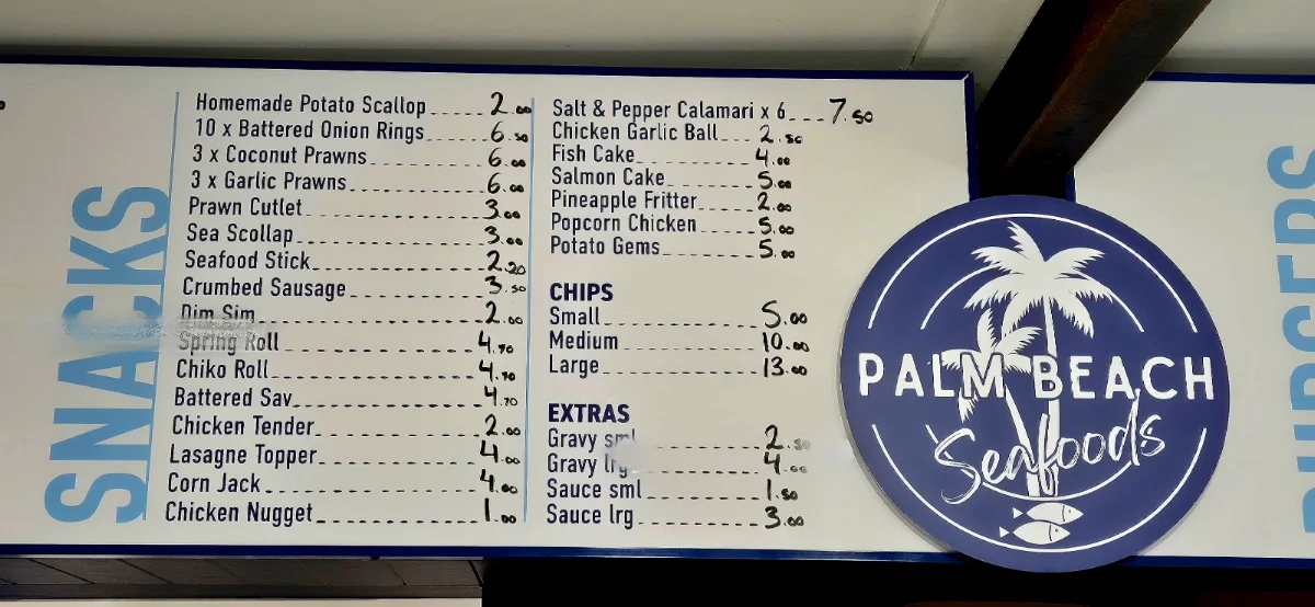Menu, Palm Beach Seafoods (Established 2023)