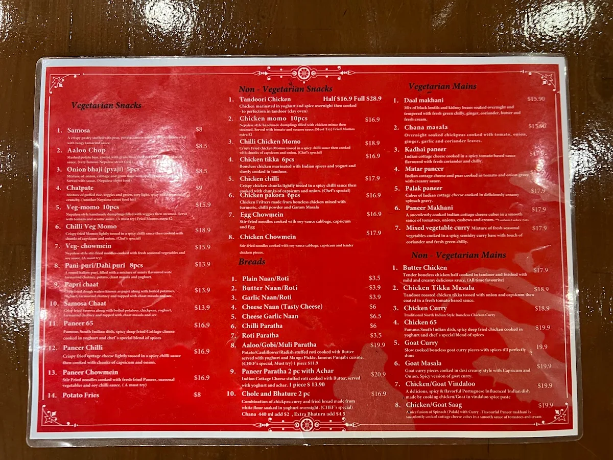 Menu, The Secret Recipe, Indian Fusion Restaurant