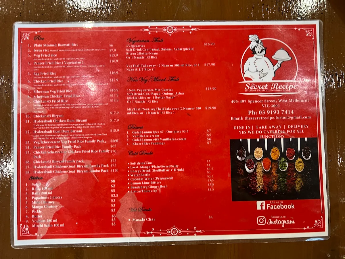 Menu, The Secret Recipe, Indian Fusion Restaurant