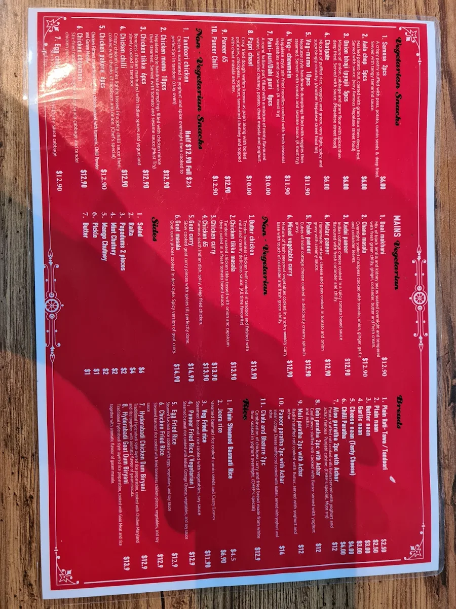 Menu, The Secret Recipe, Indian Fusion Restaurant