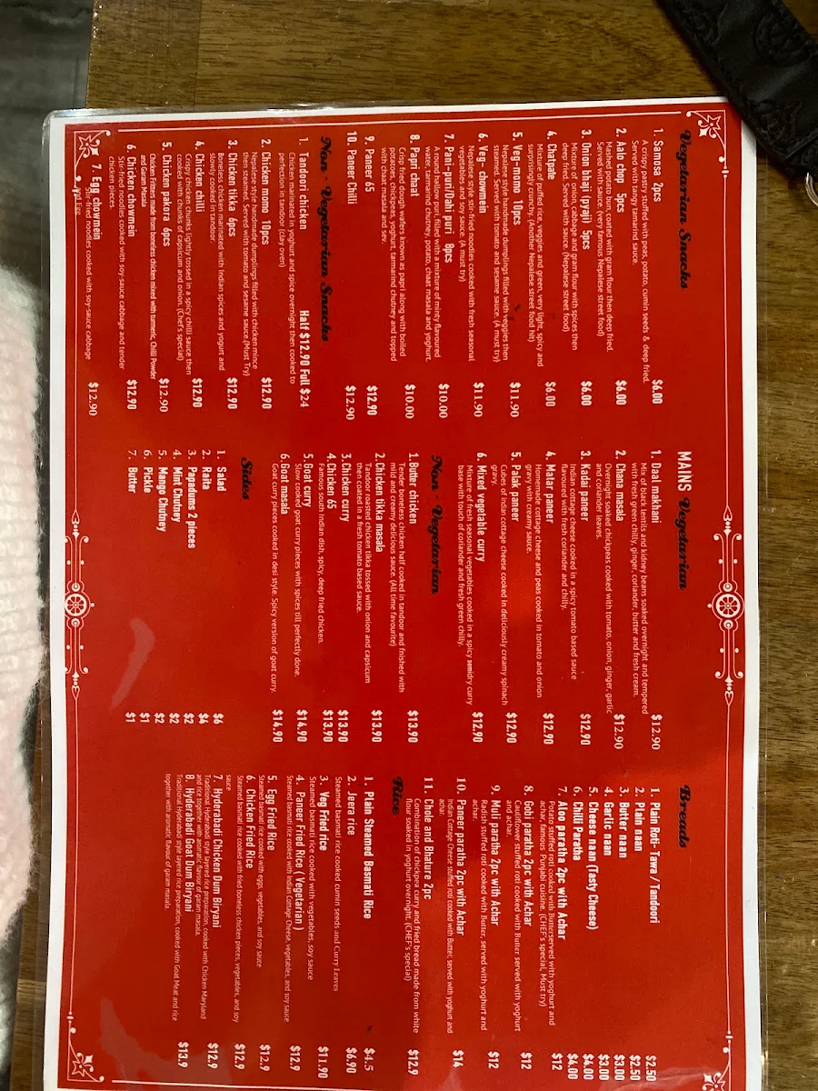 Menu, The Secret Recipe, Indian Fusion Restaurant
