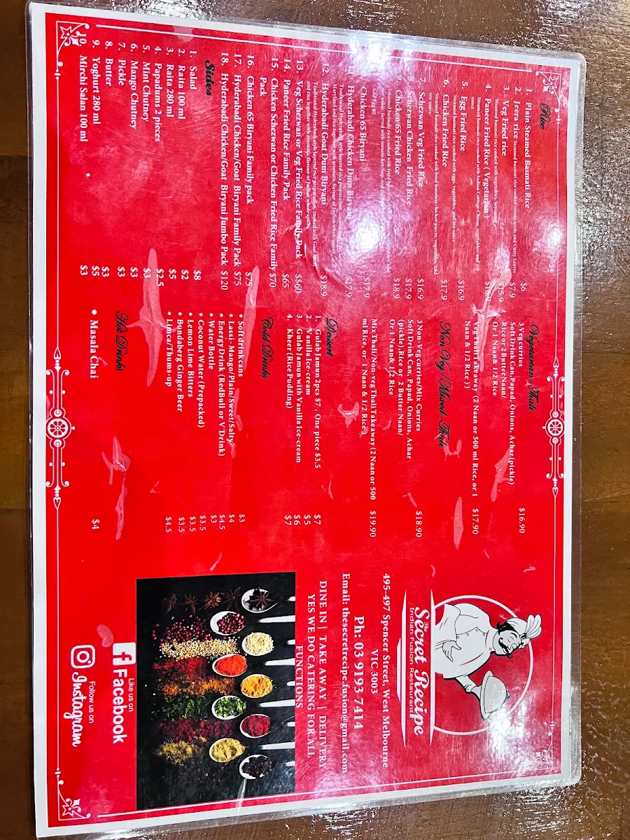 Menu, The Secret Recipe, Indian Fusion Restaurant