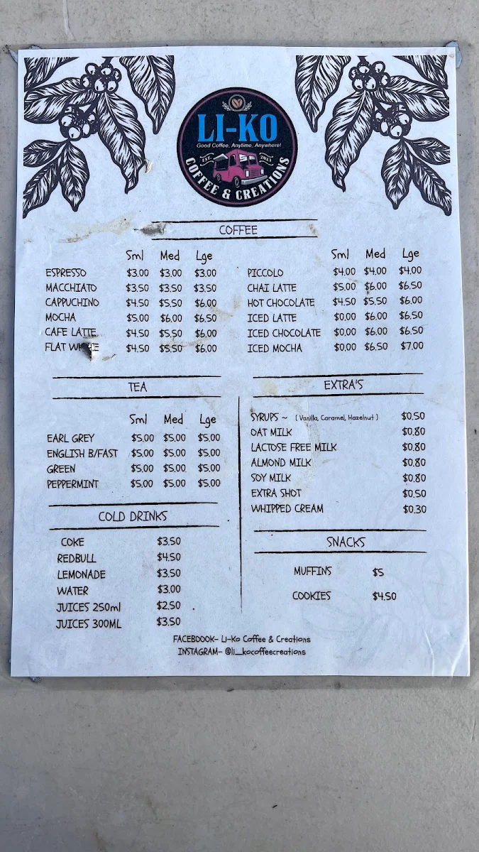 Menu, Li-Ko Coffee & Creations