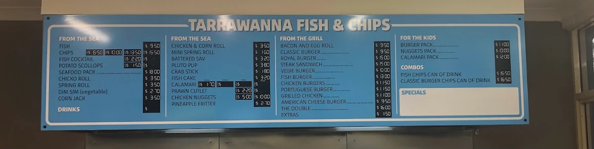 Menu, Tarrawanna Fish & Chips