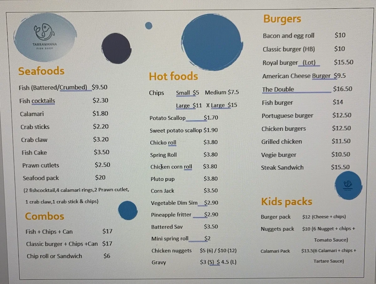 Menu, Tarrawanna Fish & Chips