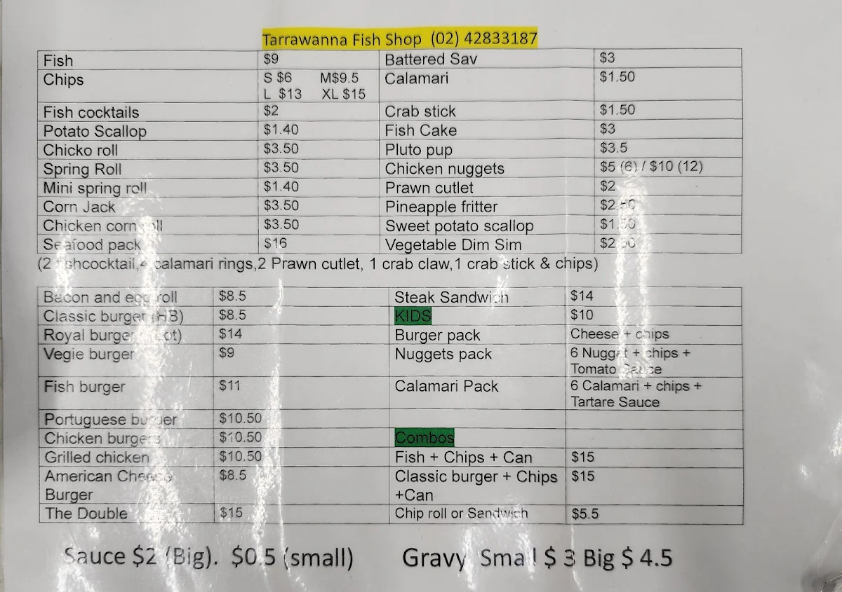 Menu, Tarrawanna Fish & Chips