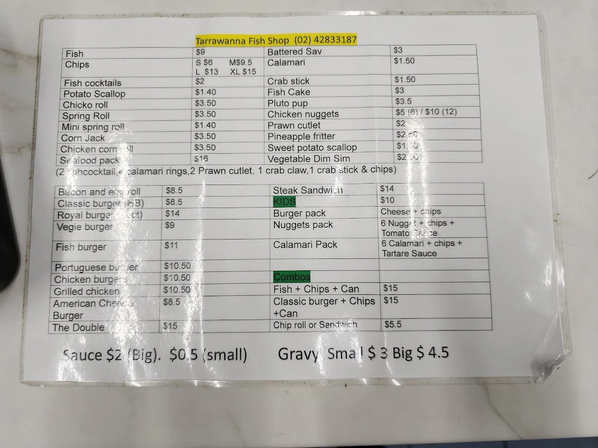 Menu, Tarrawanna Fish & Chips