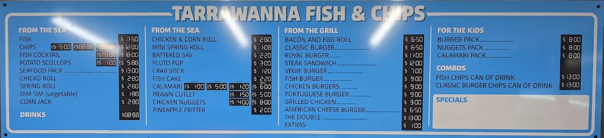 Menu, Tarrawanna Fish & Chips
