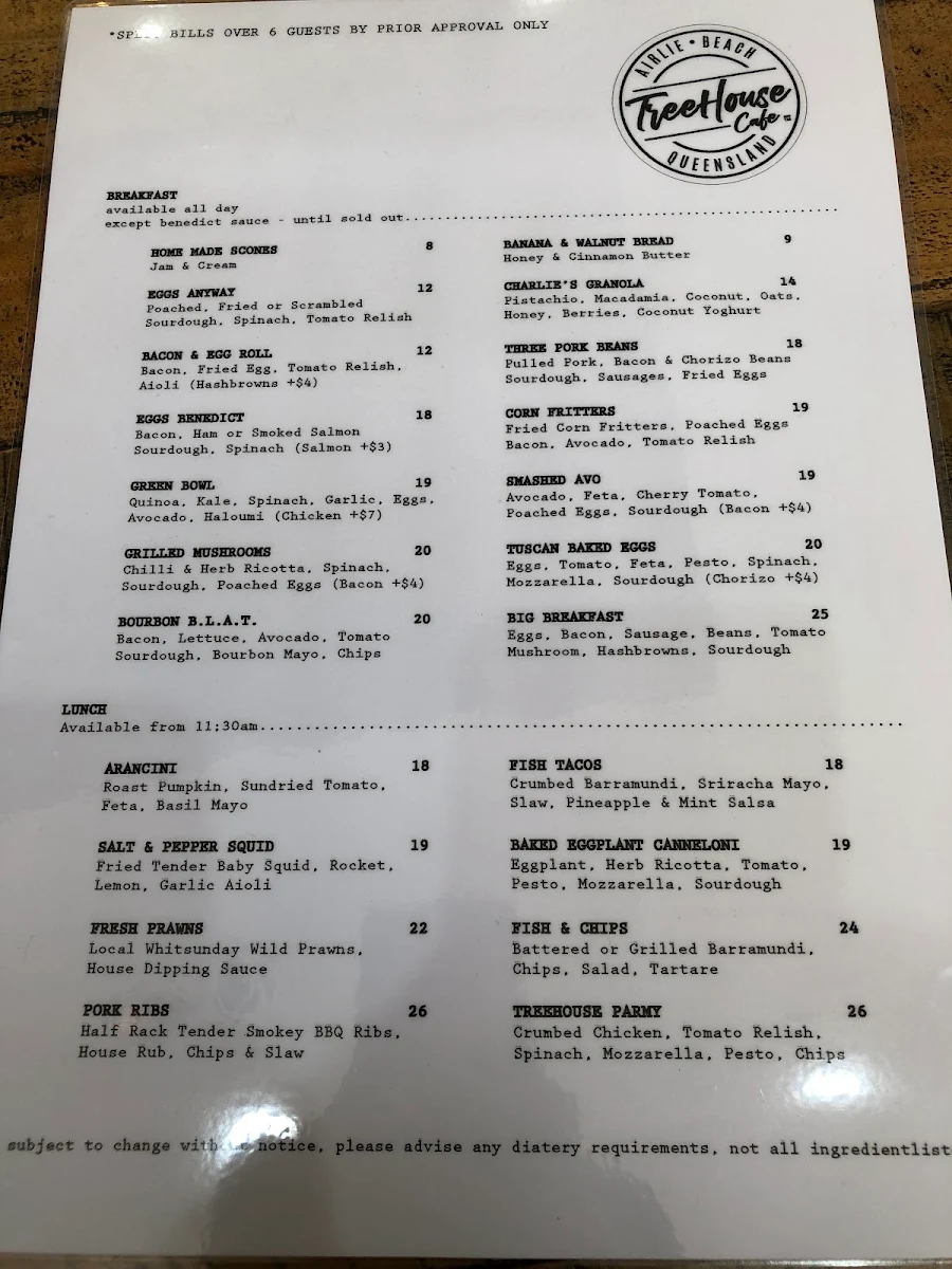 Menu, Treehouse Airlie Beach