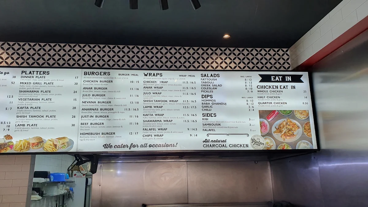 Menu, Anar Charcoal Chicken Croydon Park