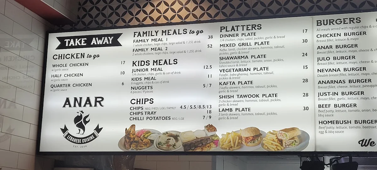 Menu, Anar Charcoal Chicken Croydon Park