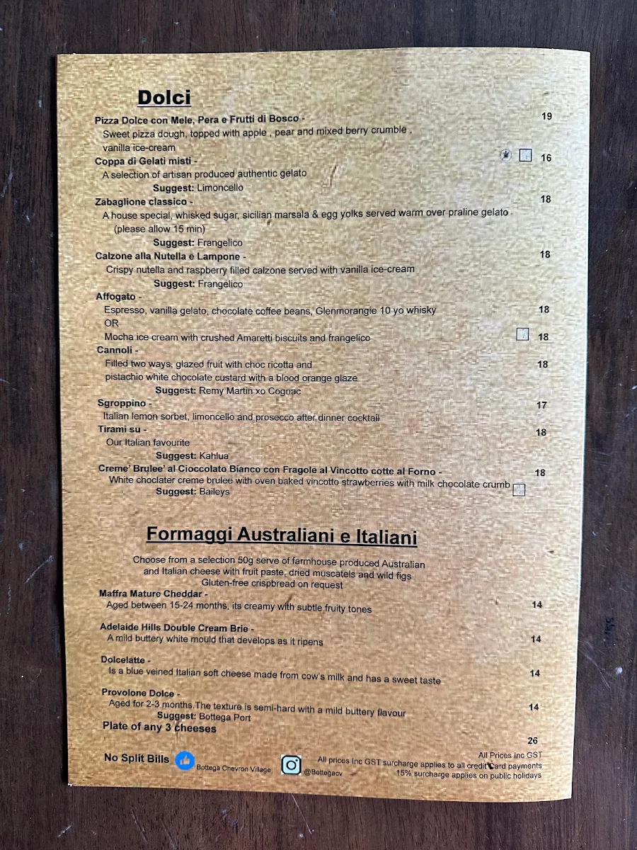 Menu, Bottega Chevron Village