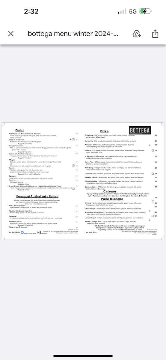 Menu, Bottega Chevron Village