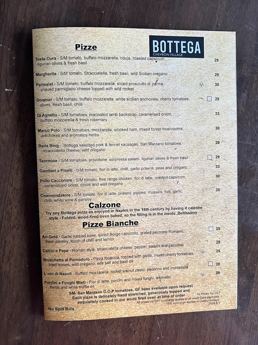 Menu, Bottega Chevron Village