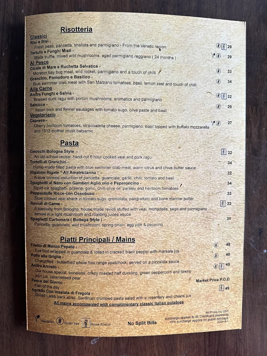Menu, Bottega Chevron Village