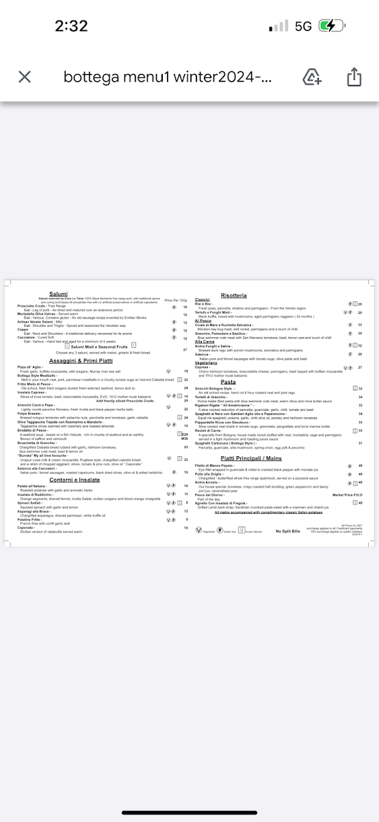 Menu, Bottega Chevron Village