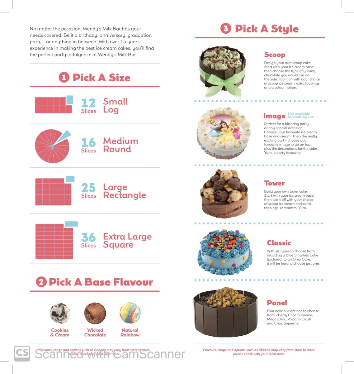Menu, Wendy's Milk Bar & fast food cafe