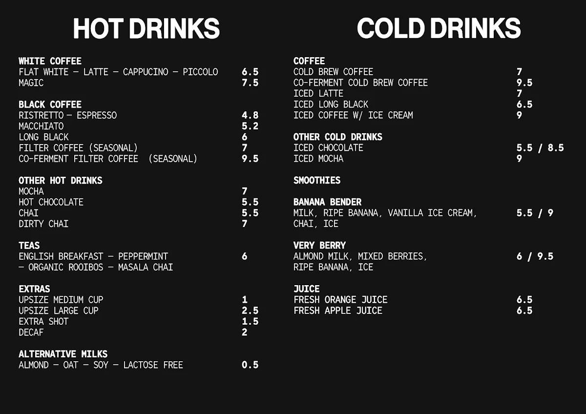 Menu, coffee by the beans