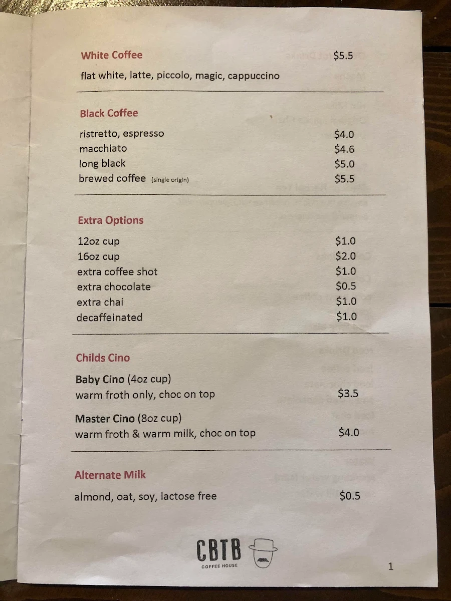 Menu, coffee by the beans