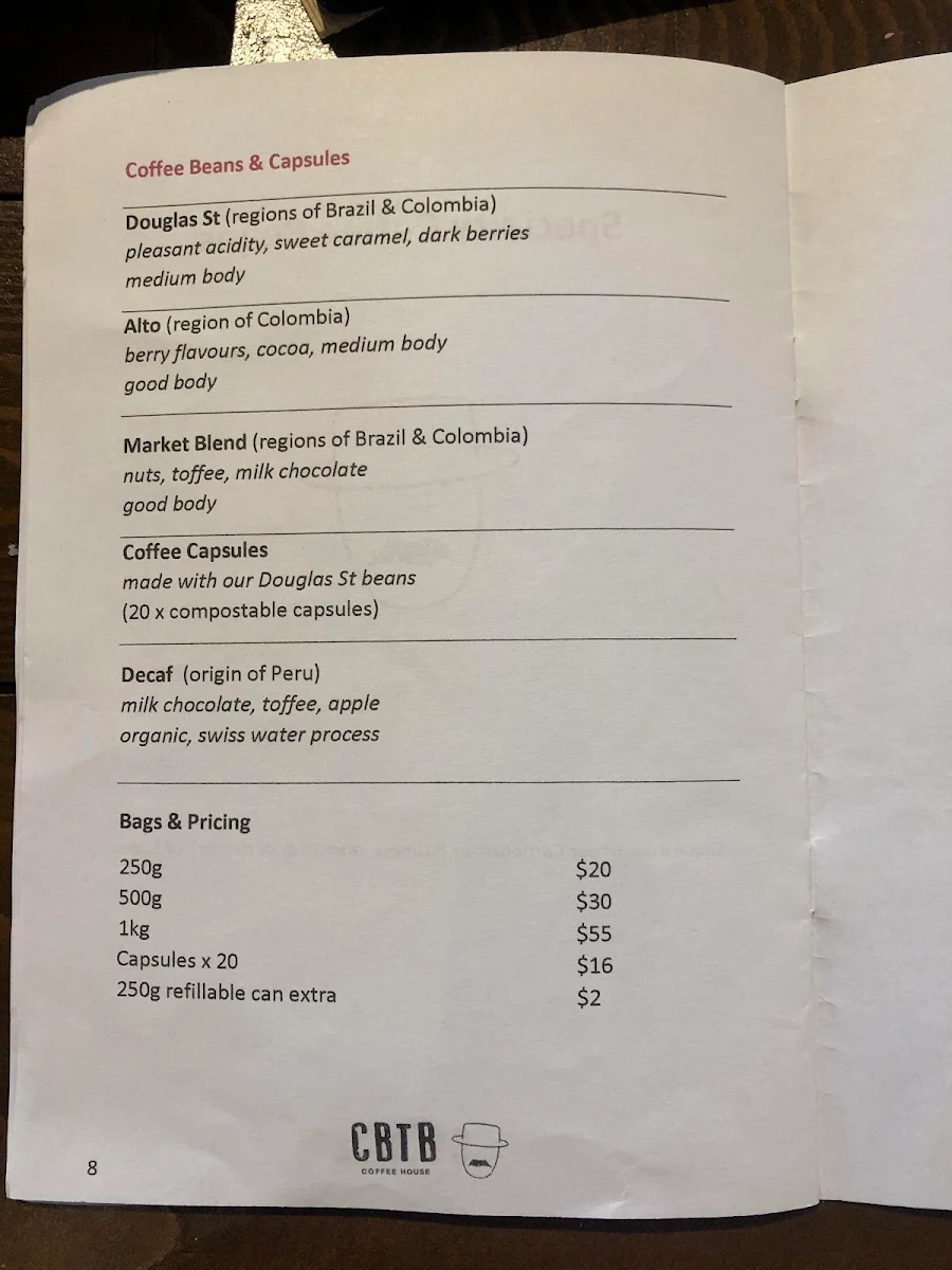 Menu, coffee by the beans