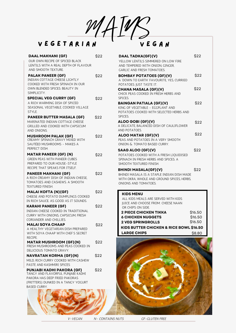 Menu, The Taste of India, Gregory Hills