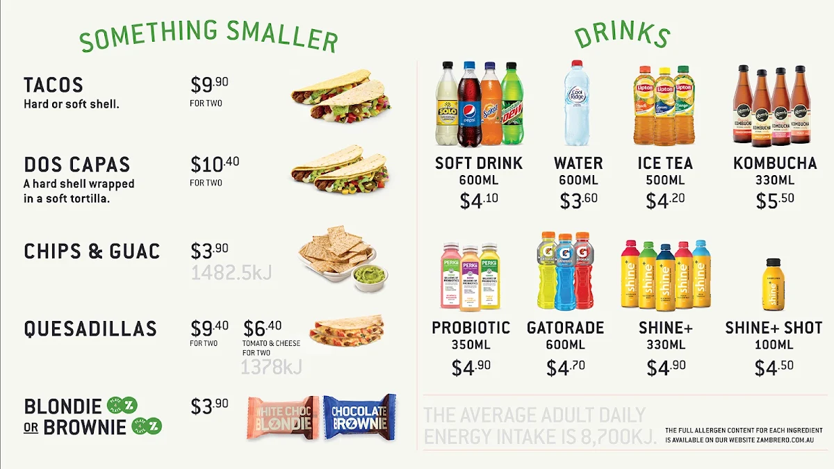 Menu, Zambrero Altone Park