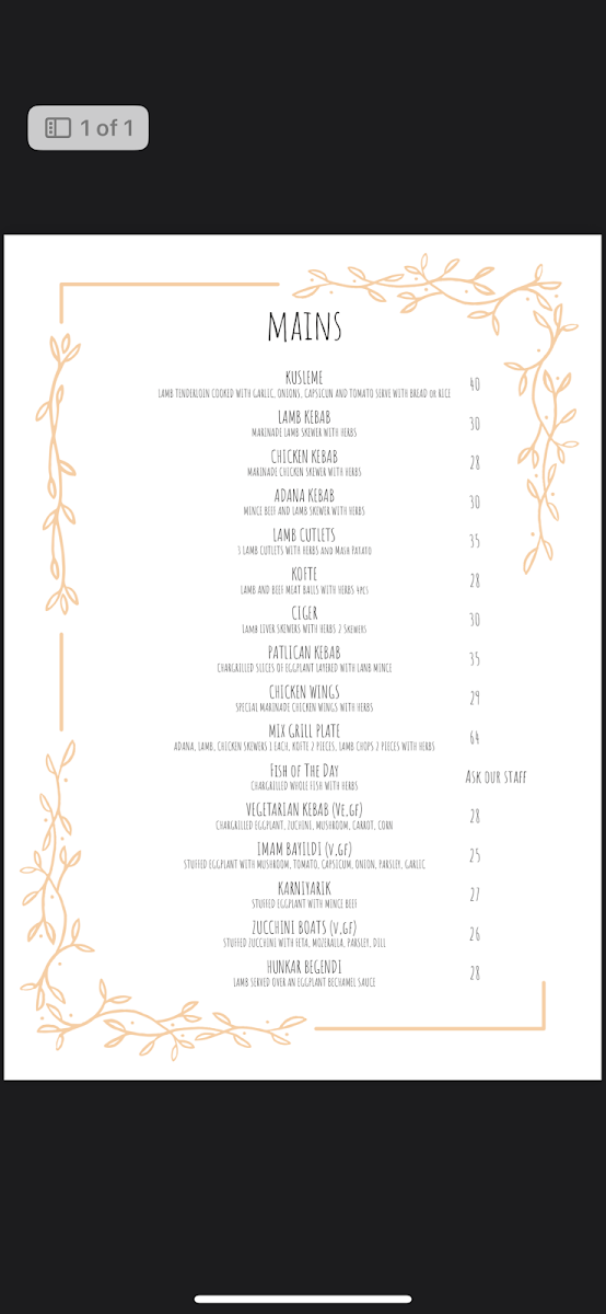 Menu, Kayra Restaurant