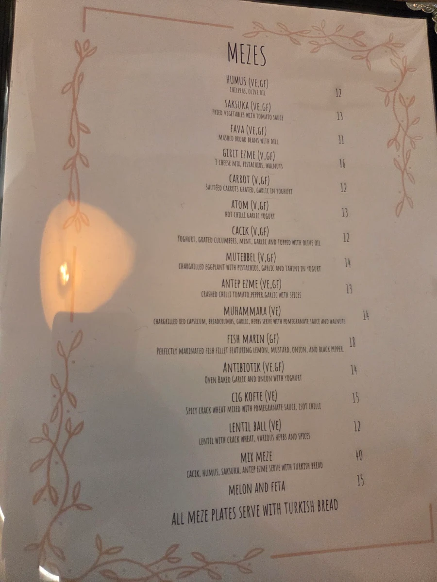 Menu, Kayra Restaurant