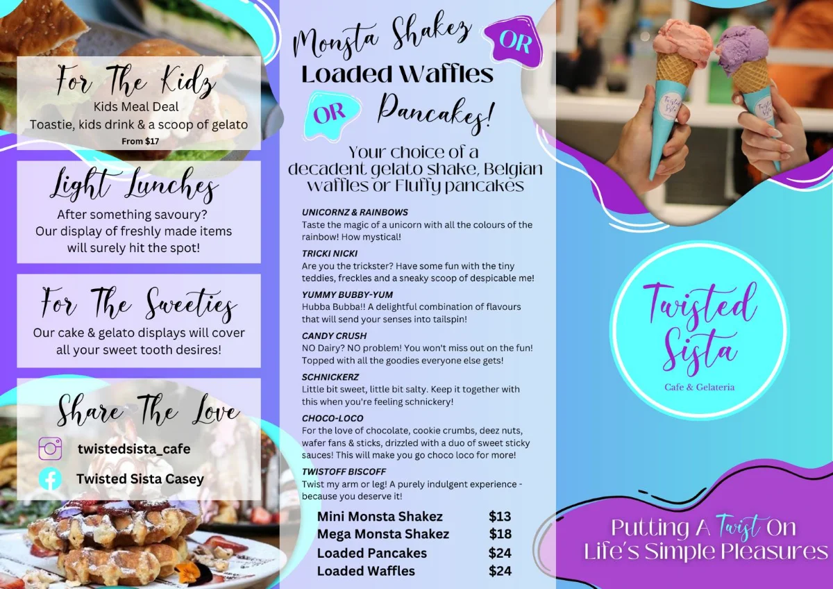 Menu, Twisted Sista Cafe & Gelateria - Casey Central