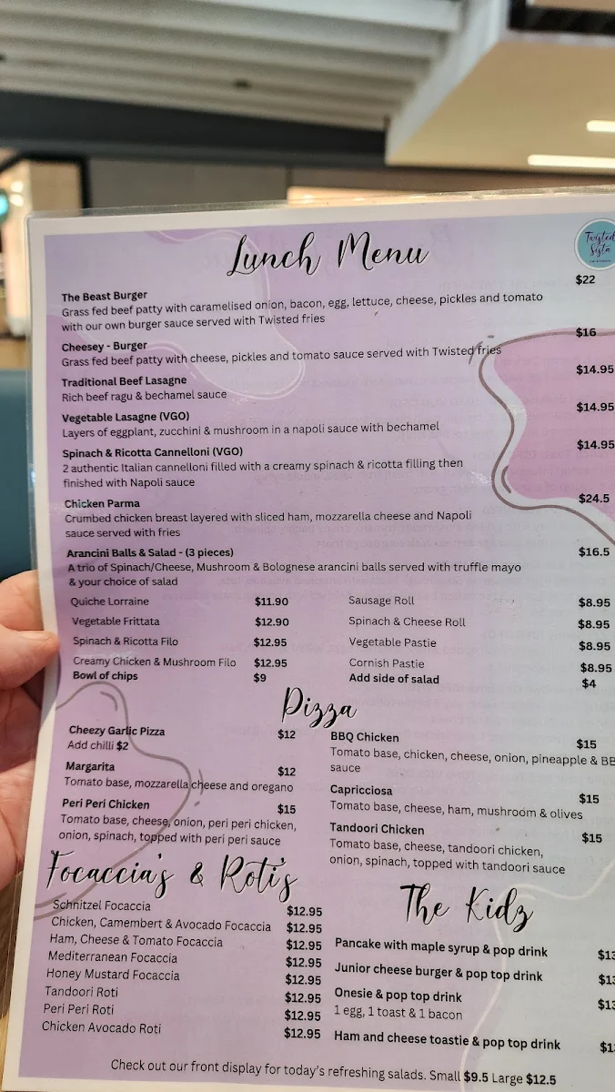 Menu, Twisted Sista Cafe & Gelateria - Casey Central