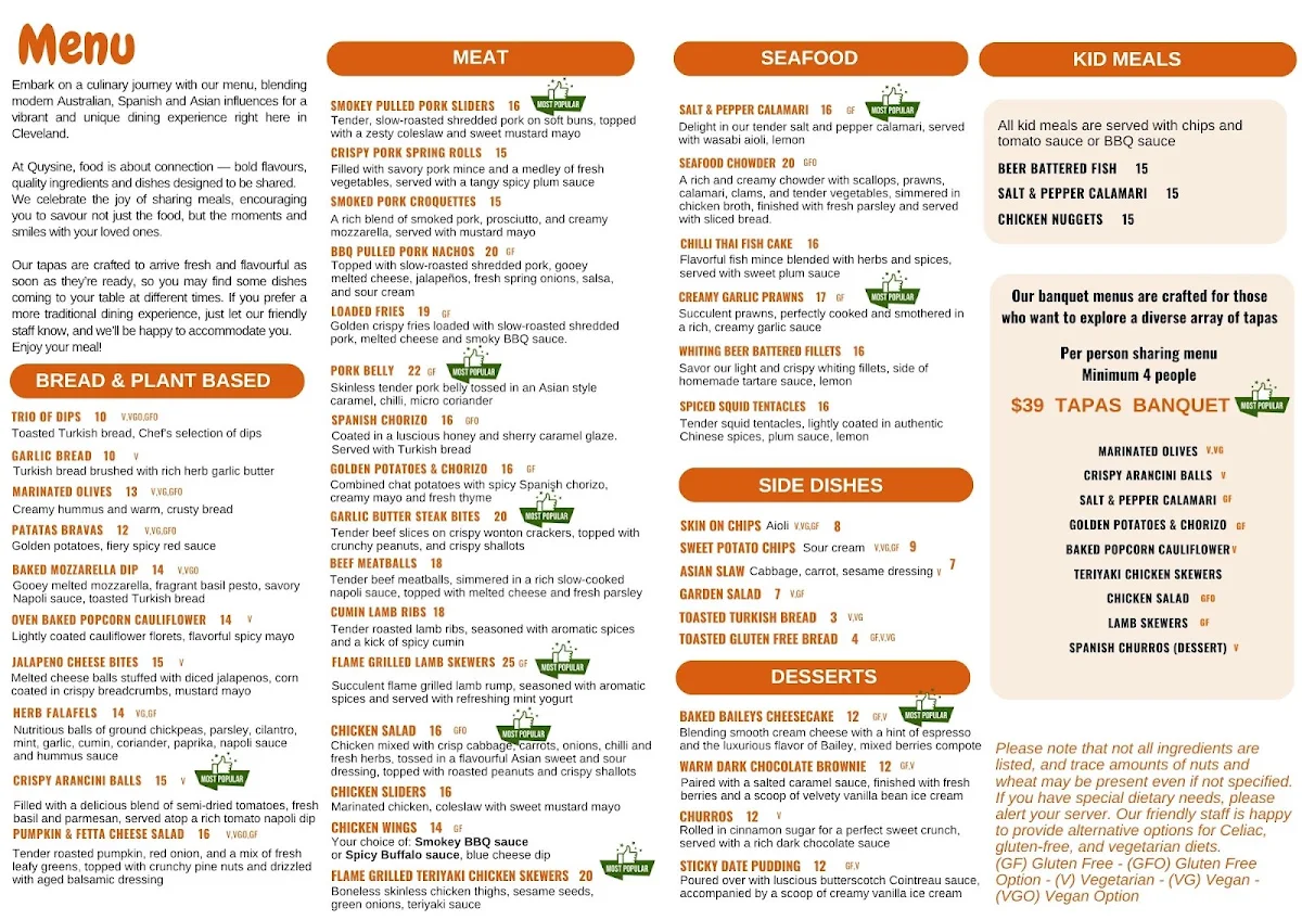 Menu, Quysine Tapas - Bar and Restaurant
