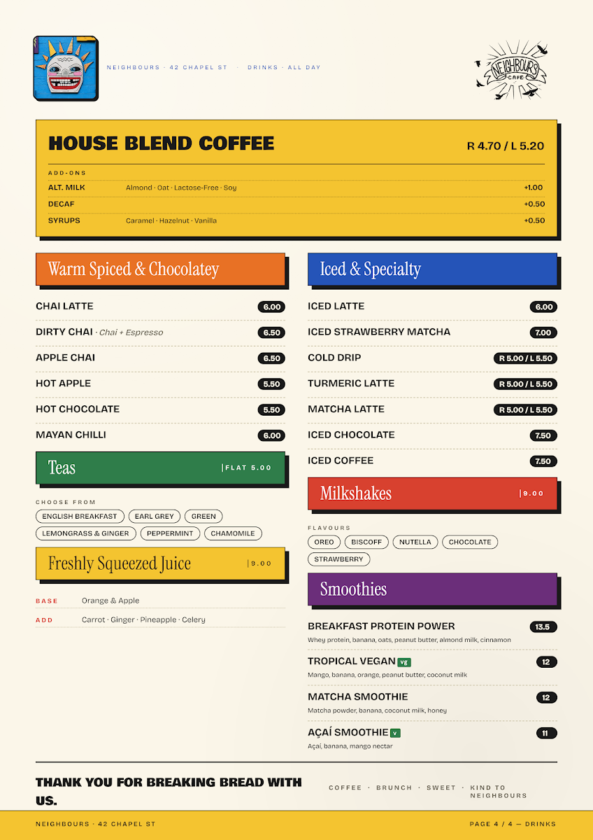 Menu, neighbours cafe