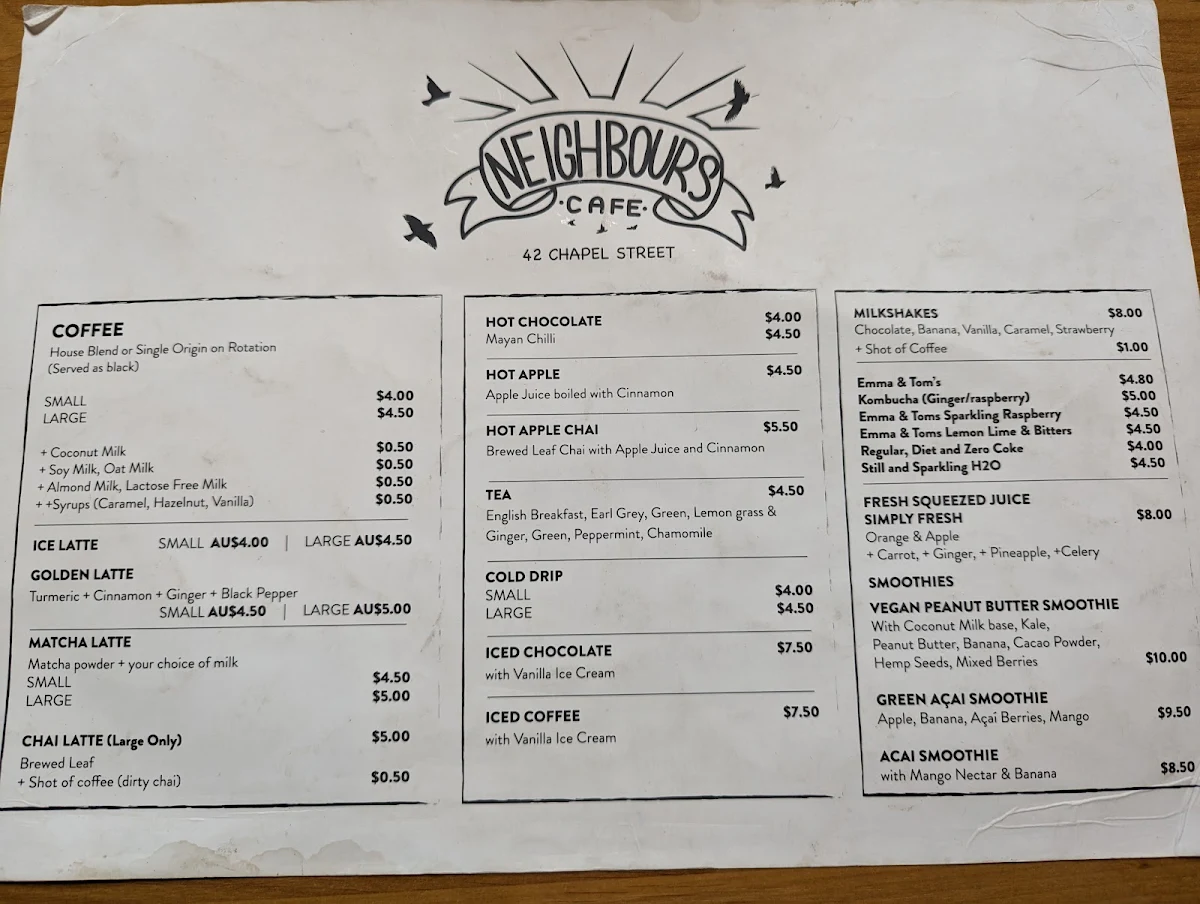 Menu, neighbours cafe