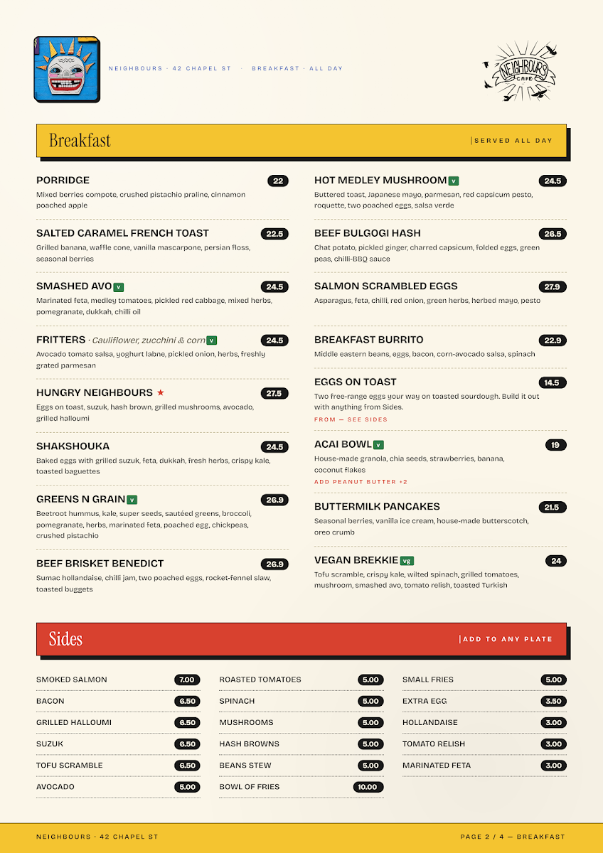 Menu, neighbours cafe