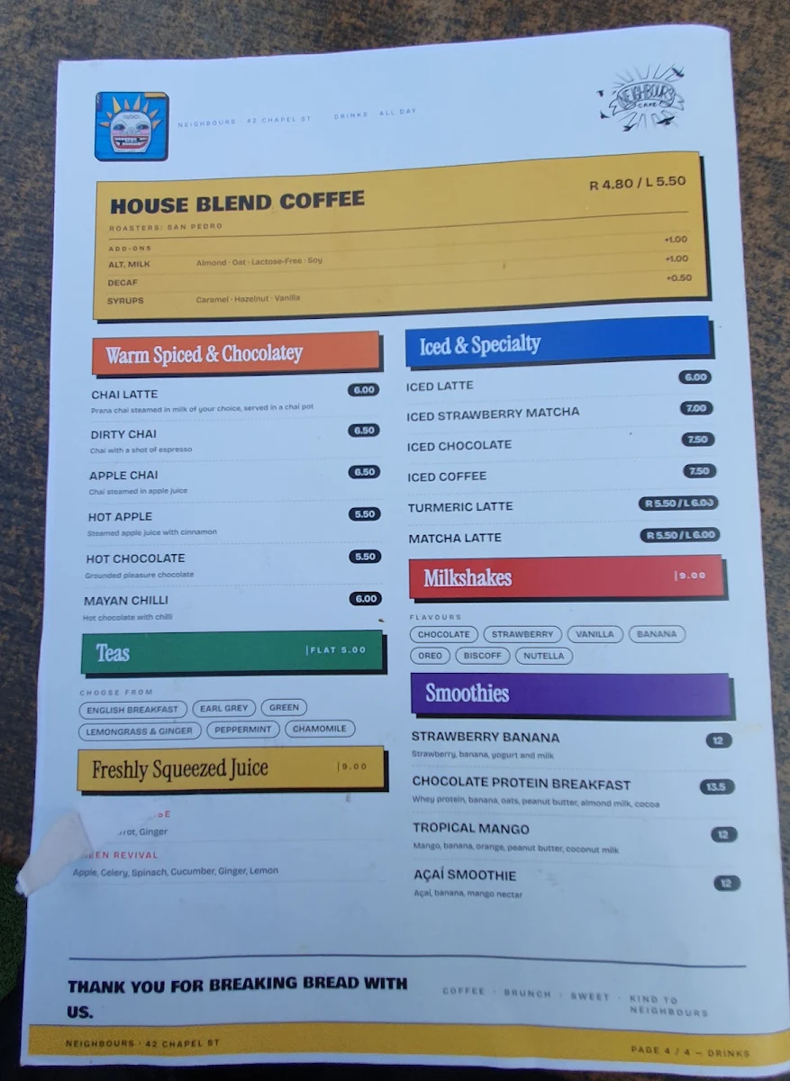 Menu, neighbours cafe