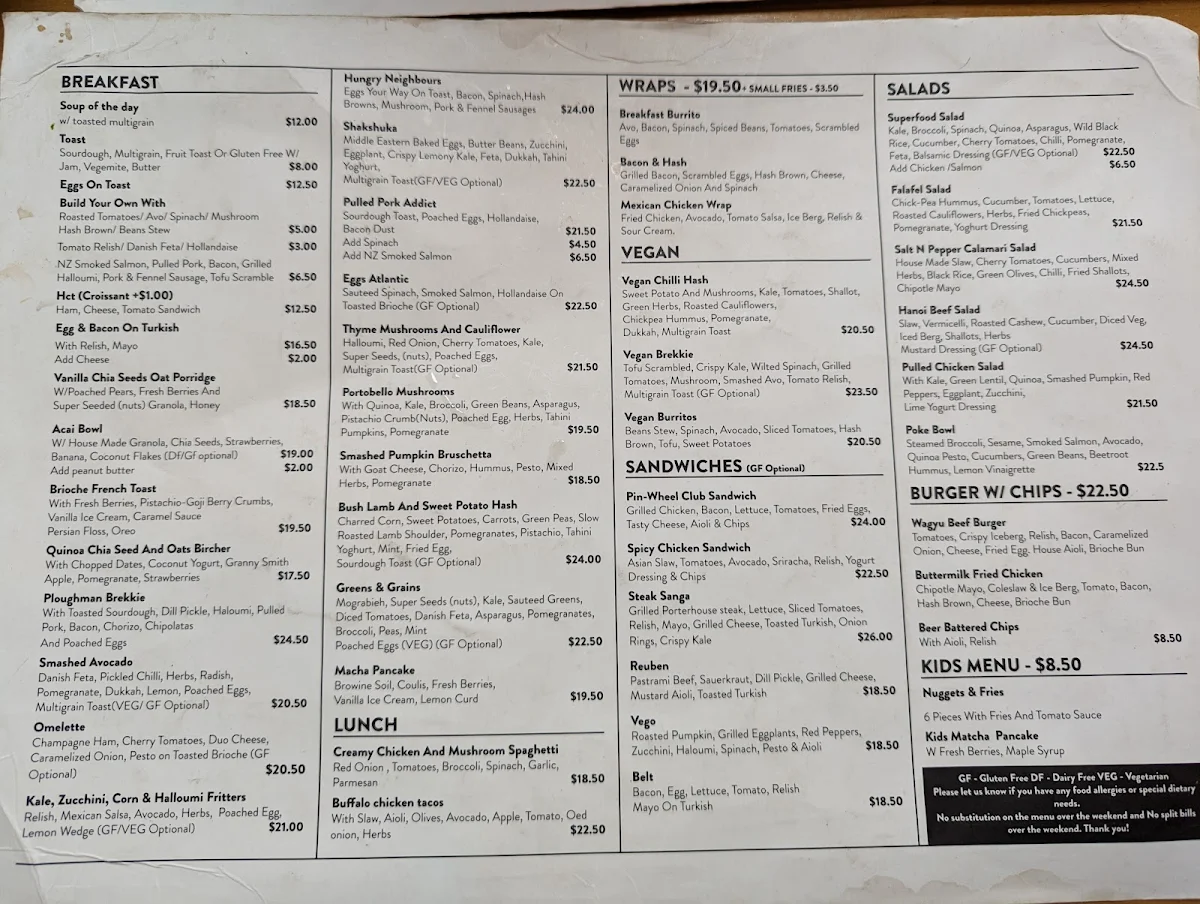 Menu, neighbours cafe
