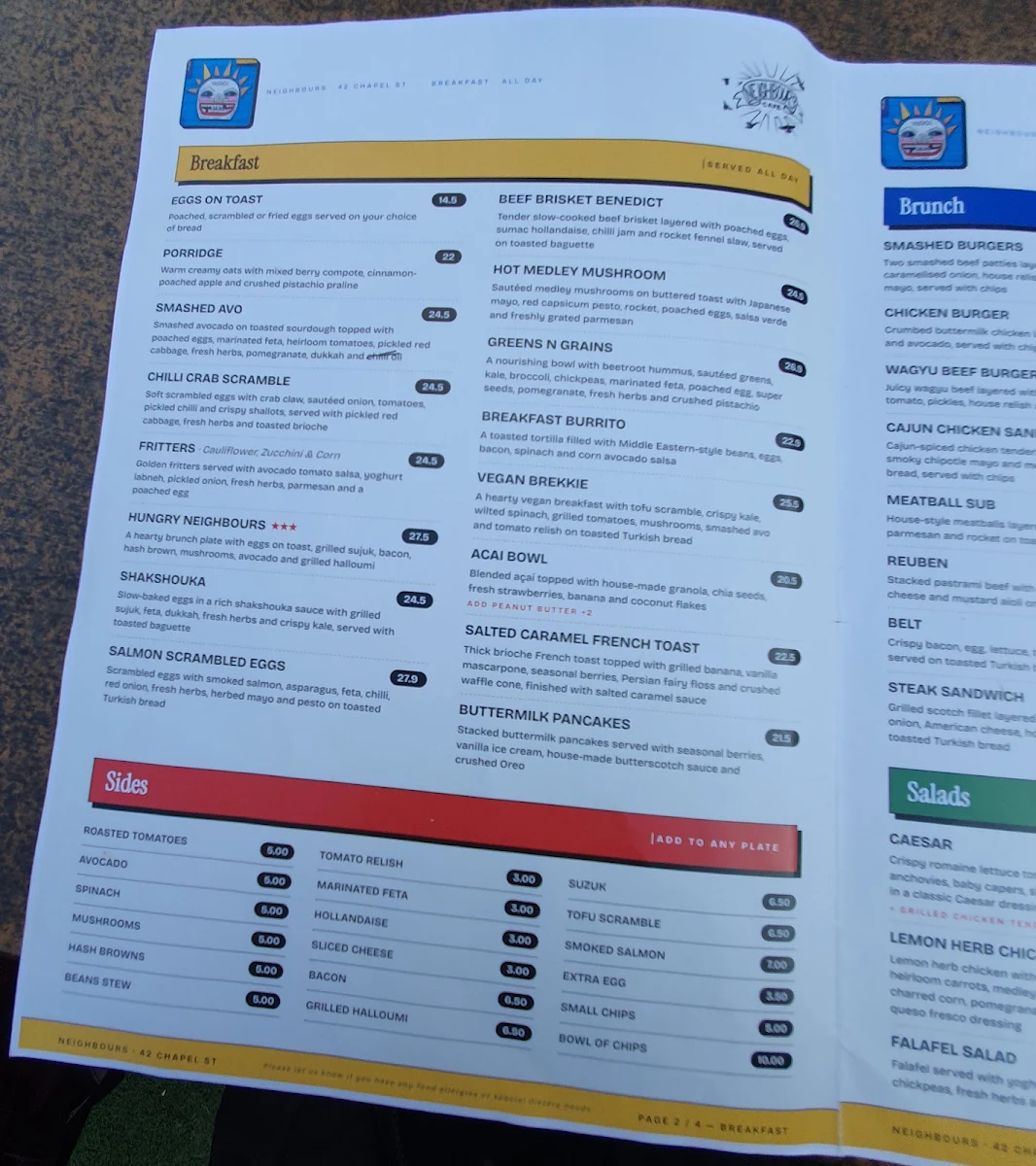 Menu, neighbours cafe