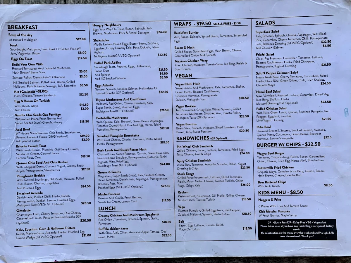 Menu, neighbours cafe